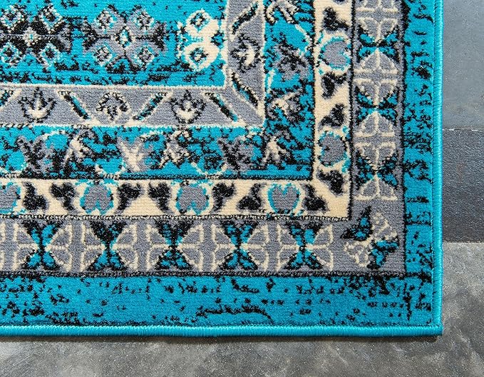 Unique Loom Taftan Collection Border Geometric Tribal Inspired Design Area Rug (2' 2 x 3' 0 Rectangular, Turquoise/ Gray)