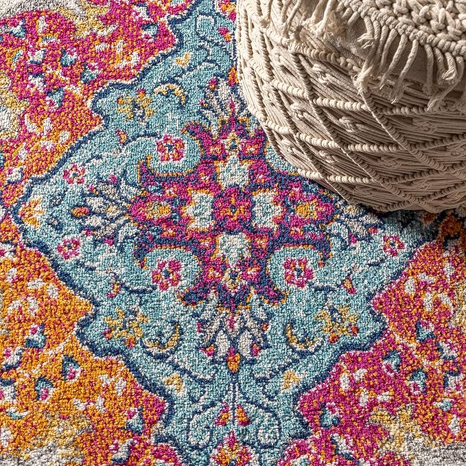 JONATHAN Y Boho Vintage Blue/Multi 4' Round Area Rug, Bohemian Flair Medallion, Floral Easy-Cleaning High Traffic for Living Room, Bedroom, Kitchen, Pet-Friendly, Non Shedding (BMF106A-4R)