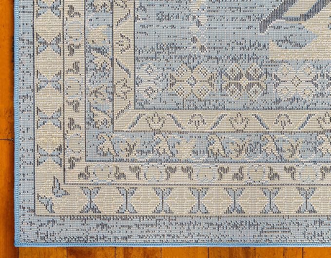 Unique Loom Taftan Collection Border Geometric Tribal Inspired Design Area Rug (4' 0 x 6' 0 Rectangular, Light Blue/ Gold)