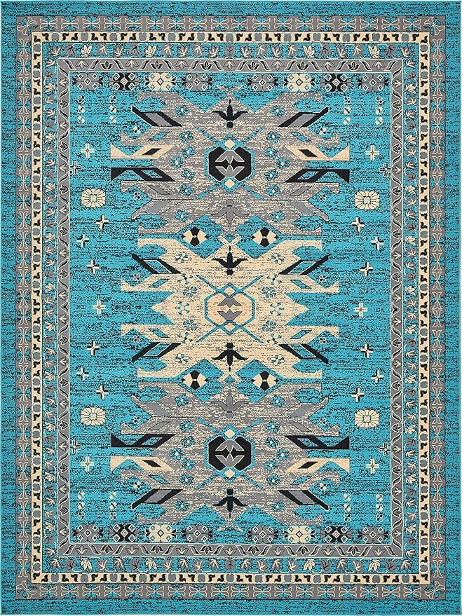 Unique Loom Taftan Collection Border Geometric Tribal Inspired Design Area Rug (9' 0 x 12' 0 Rectangular, Turquoise/ Gray)